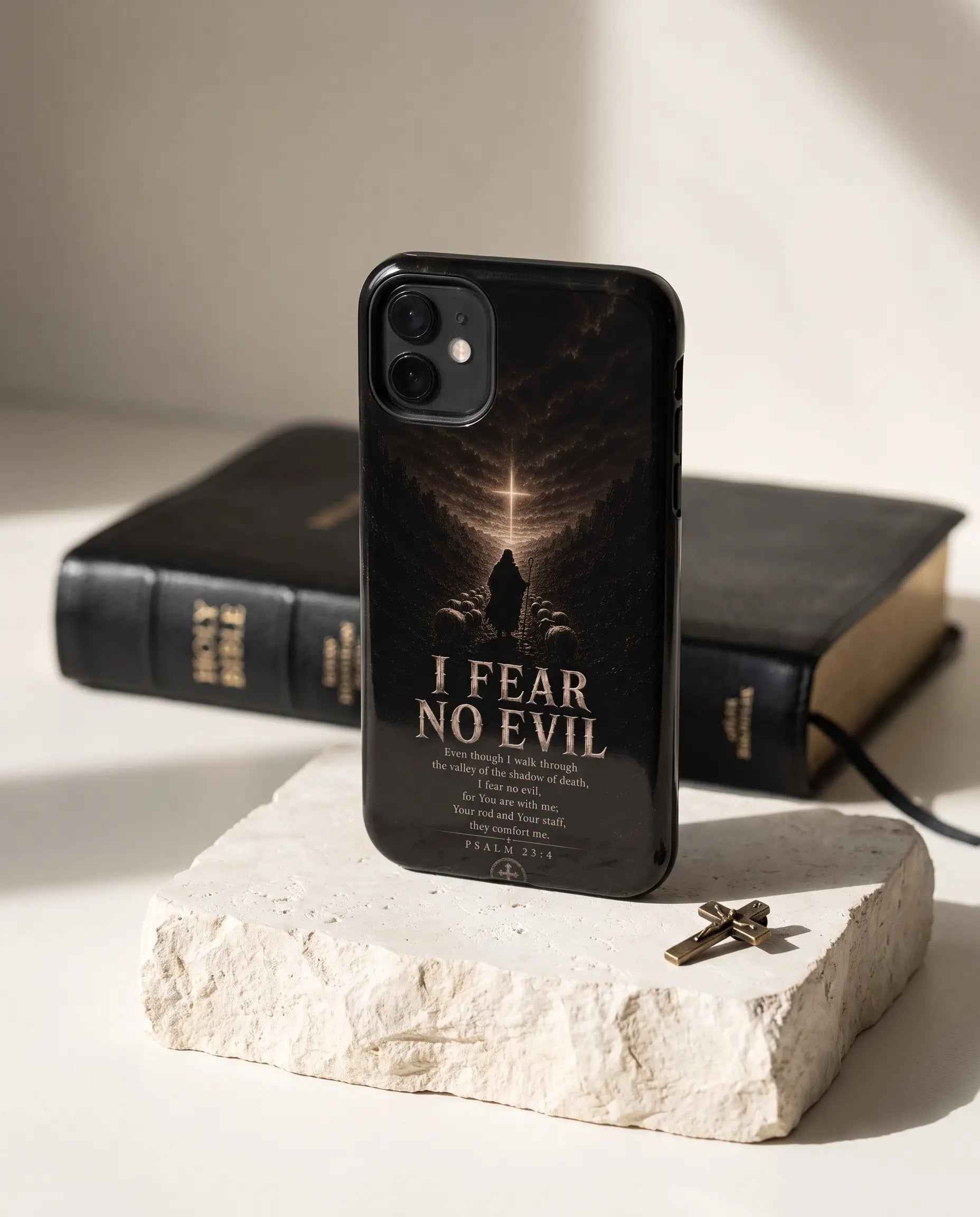 Psalm Scripture phone case displayed beside a Bible on pale stone