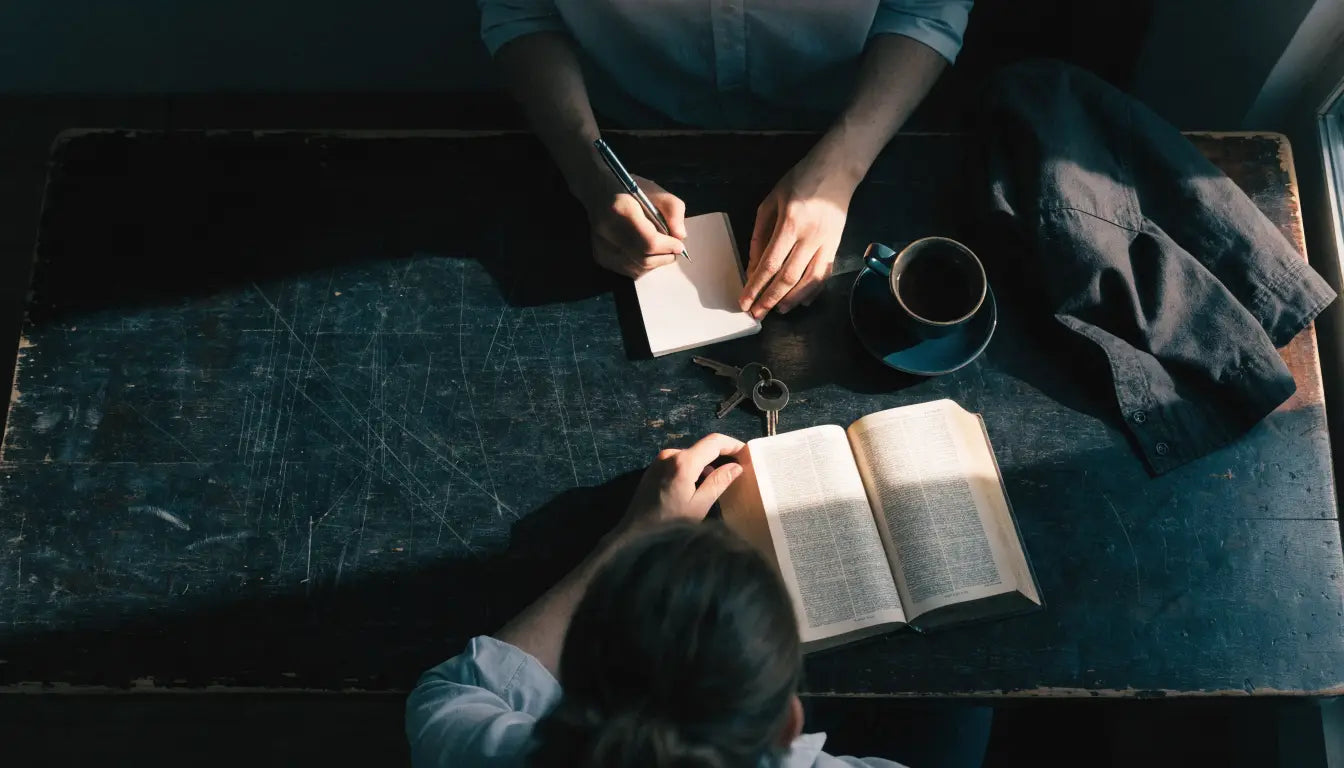 Overhead view of two people reading Scripture and taking notes at a table