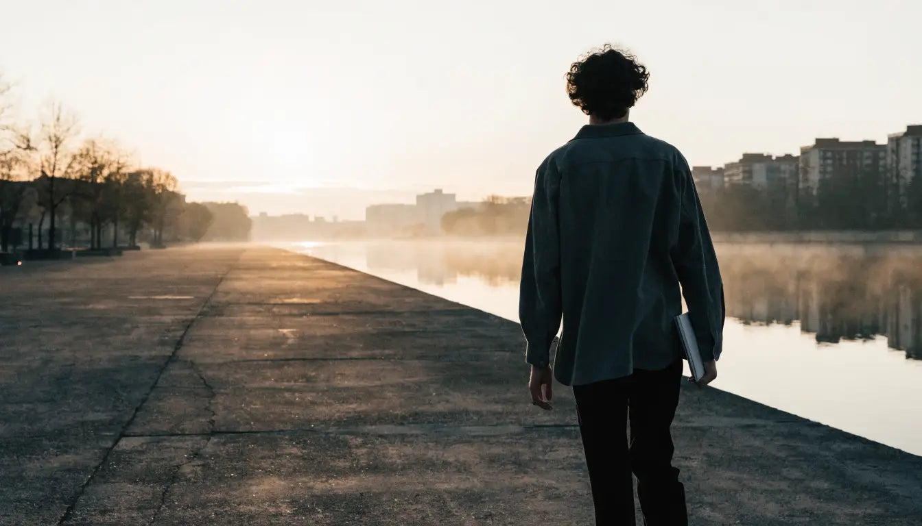 Young man seen from behind walking beside the city river at sunrise